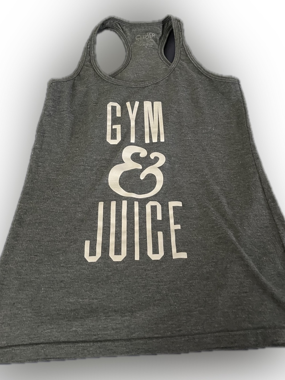 Gray Racerback Tank with White GYM & JUICE Front Print - small